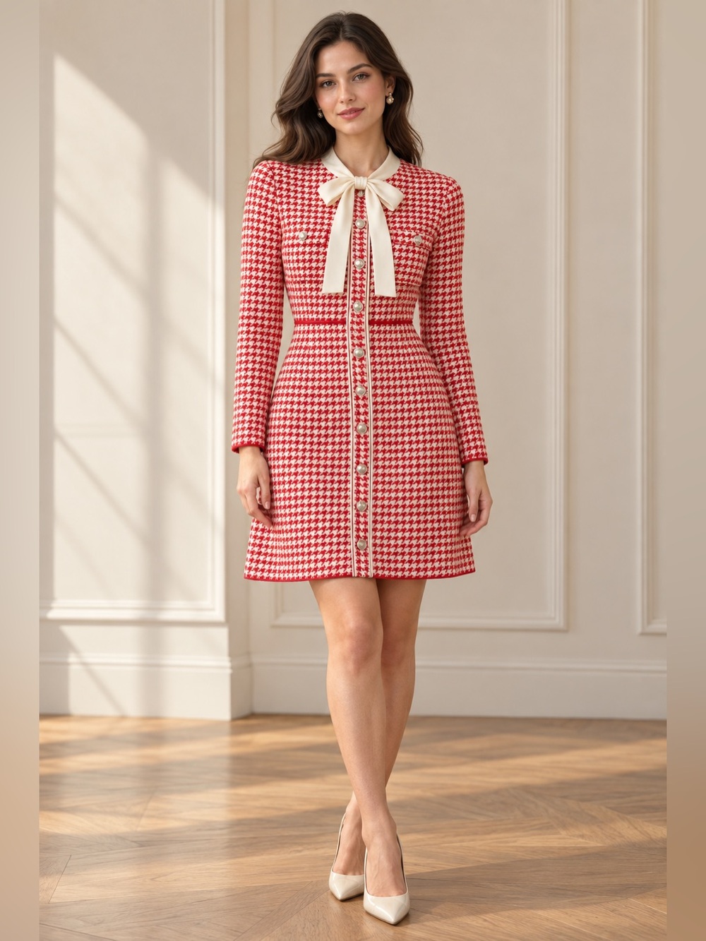 Sandro Red and White Houndstooth Knit Blazer Dress - Picture 5 of 9